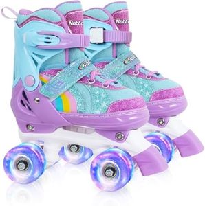 Girls Rainbow Unicorn Roller Skates for Little Kids Toddler Ages 3-5 3 4 5, 4 Size Adjustable Quad Skates with All Light Up Wheels - Best Birthday Gift for Outdoor Sports - Teal