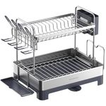 SONGMICS Dish Drying Rack, 2-Tier Dish Rack for Kitchen Counter with Rotatable and Extendable Drain Spout, Dish Drainer with Utensil, Cup, Glass, Cutting Board Holders, Gray KCS032E01