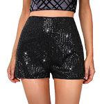 Womens Sequins High Elastic Waist Straight Leg Shorts Sparkly Glitter Hot Pants Rave Concert Party Night-Out Shorts (Black, M)