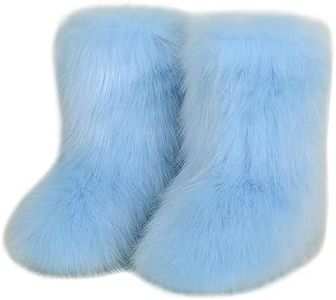 QMFUR Women's Furry Faux Fur Boots Fuzzy Fluffy Mid Calf Snow Boots Suede Warm Fur Lined Booties Flat Fashion Boots, Sky Blue, 6