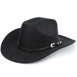 Classic Western Felt Cowboy Cowgirl Hat for Women Men Wide Brim Belt Buckle Cowboy Hat (Size:Medium-Large), Black(no Chin Strap), Medium-Large