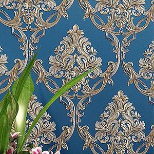 Q QIHANG 1.73' W x 32.8'L 3D Embossed Damask Printing Modern Minimalist European Style Bedroom TV Background Non-Woven Non-Pasted Wallpaper (A Blue)