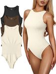 OQQ Women's 3 Piece Bodysuits Sexy Ribbed One Piece Sleeveless Halter Neck Bodysuits Black Coffee Beige