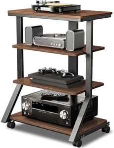 Rfiver 4-Tier AV Media Stand with Wheels, Mobile Rack Audio Tower with Height Adjustable Shelves, Wooden Stereo Racks and Stands, Stereo Stand for Record Player, TV Box, Corner Entertainment Center