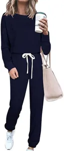 PRETTYGARDEN 2 Piece Outfits for Women Fall Drawstring Lounge Pants Sets Cozy Long Sleeve Matching Tracksuit (Solid Navy,XX-Large)