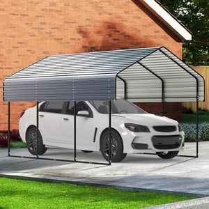 10'x15' Heavy Duty Metal Carport, Outdoor Garage Car Shelter Shade with Heavier Metal Frame, Galvanized Metal Roof for Car and Boats, Grey