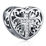 Sparkling Cross in Heart Charms fits Pandora Christian Bracelet, 925 Sterling Silver Religious Faith Cross Beads, Love Prayer Openwork Charms for Christmas/Halloween/Easter Present