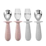 PandaEar 4 Pack Toddler Baby Cutlery Self Feeding Set, Silicone Stainless Steel Utensils Silverware Spoon Fork, 12 Months Plus, with Silicone Holding Anti-Choke Design (Pink&Grey)