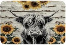 Highland Cow Non-Slip Bath Rugs Kids Farm Highland Cattle Bath Mats for Bathroom Girls Women Sunflower Farmhouse Style Bathroom Rugs Absorbent Wood Grain Bathroom Accessories Doormat Floor Mat 20"x32"