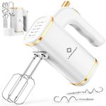 LINKChef Anti-Splash Hand Mixer Electric Whisk with Storage Base, 5-Speed White Electric Hand Whisk for Baking, 450W, Hand Held Food Mixer with Beaters and Dough Hooks, Eject Button, Turbo Boost