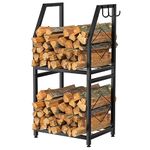 VyGrow Small Firewood Rack for Indoor, 2-Tier Firewood Holder with 3 Hanging Hooks, Heavy Duty Wood Rack for Outdoor Patio, Black, 11.8" D x 15.7" W x 31.9" H