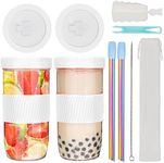 UHAPEER 2 Pack Reusable Boba Cup Bubble Tea Cups, 24 oz Glass Boba Tumbler Smoothie Cups with Lids and Straws, Silicone Sleeve, Mason Jar Iced Coffee Cup, Reusable Glass Juicing Smoothie Bottles