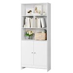 FOREHILL White Bookcase with Doors Tall Cupboard Wooden Living Room Bookshelf 3 Tiers Shelving Unit with 2 Doors for Home Office 70x29.5x167cm