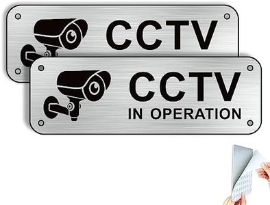 Goodvia CCTV in Operation Sign with Small Size 2x6'' Brushed Aluminum with Self-Adhesive Stickers for Door Wall or Window Indoor or Outdoor Waterproof CCTV Signage 2 Pack