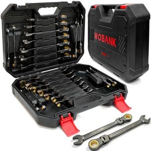 WOBANK 22-Piece Ratcheting Wrench Set, Flex Head Combination Wrenches Set with Organizer Box, Metric 8-19mm and SAE 1/4" to 3/4" Size, 12 Points 72-Teeth, Nickel Plating