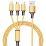 WAVENEX Multi Port USB Data Cable 3 in 1 Fast Charging 3.1-A Nylon Braided Cable,1.25 meter with Type-C, Micro USB Port and Lightning Port Connectors for Speaker, Smartphone (Gold)