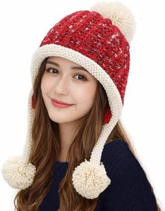 HUAMULAN Women Winter Sherpa Cover Ears Beanie Hat Earflap Peruvian Warm Fleece Lined Knit Cute Soft Ski Hats 3 Pom Poms Red Beige