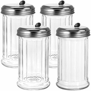 Tebery 4 Pack Sugar Shaker Dispenser Airtight, 12 Oz Thick Glass Sugar Pourer Container with Pour Flap Lid, Powdered Creamer Spice Dispenser for Coffee Bar, Salt, Pepper, Retro Style