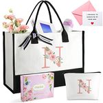 Personalized Customized Gifts for Women, Floral Ini-tial Birthday Gifts for Women, Mono-gram Can-vas Tote Bag w Makeup Bag, Sister Bridesmaid, Thank You Teacher Gifts w Card, Inner Pocket, Gift Box N