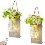 Rustic Mason Jar Wall Decor Sconces, Kitchenexus Decorative Mason Jar with Remote Control, LED Fairy Lights and and White Flowers, Rustic Home Decorations Wall Decor Living Room Lights, Set of Two