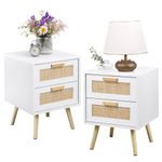 Finnhomy Bedside Table, Side Table with 2 Hand Made Rattan Decorated Drawers, Bedside Tables Set of 2, Wood Nigntstand, End Table with Storage for Bedroom, White, 2 Pack