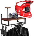 GHWMYD Helmet Holder Wall Mount, Retro Helmet Rack with Wooden Boards and 2 Hat Stands for Motorcycle Gear, Football Accessories Storage, 4 Clips, 5 Hooks for Hanging Glove, Key, Tactical Vests