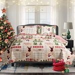 Christmas Quilt Set Full/Queen Size 3-Piece Xmas Bedspread Reversible Coverlet Snowman Tree Design for New Year Bed Decor, Lightweight Bedding Cover for All Season(1 Quilt + 2 Pillow Shams, Beige)