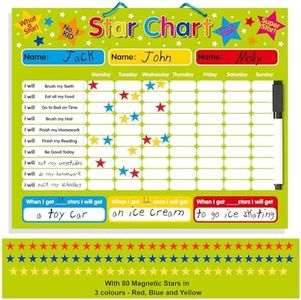 Magnetic Reward/Star/Responsibility/Behavior Chart for up to 3 Children. Rigid Board 16" x 13" (40 x 32cm) with Hanging Loop