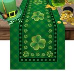 Cotton Linen Table Runner St Patrick's Day Lucky Clover Shamrocks Leave Dresser Scarve, Non-Slip Farmhouse Green Plaid Rectangle Table Runner for Dinner Wedding Birthday Party Baby Shower-13x72 inch