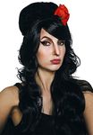 Rehab Girl Wig + Red Flower + Wig Cap + Black Bouffant Beehive Wigs Long Black Curly 90s Costume Wigs for Women & Girls