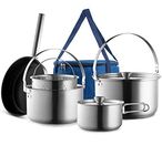 Camping Cookware Set 304 Stainless Steel 8-Piece Pots & Pans Open Fire Cooking Kit | Nonstick Frying Pan Steamer with Travel Tote Bag | Compact For Outdoors & Indoors Kitchen Family Campfire Hiking RV