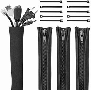 JOTO 0.5M*4Pcs Cable Management Sleeve with 10 Pieces Cable Tie, 20 inch Cord Organizer System with Zipper for TV/Computer/Home Entertainment, Flexible Cable Sleeve Wrap Cover -Black