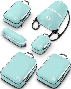 Extra Large Compression Packing Cube 6 Piece Set for Travel and Check Luggage by TRIPPED Travel Gear (Teal and White)