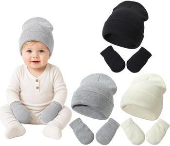 Baby Hats and Mittens Set Infant Toddler Beanie Cap Newborn Gloves for Baby 3 Months-18 Months White/Grey/Black Poms