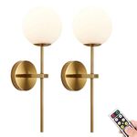 KEFA Gold Battery Operated Wall Sconces Set of 2, Modern Globe Glass Shade, not Hardwired Brass Fixture Lighting, Battery Powered Dimmable Wall Lights, Not Wire, for Bedroom, Living room, Lounge, Bath