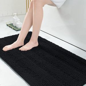 Grandaily Chenille Striped Bathroom Rugs 70x24, Extra Thick and Absorbent Bath Rugs, Non-Slip Soft Plush Shaggy Bath Carpet, Machine Wash Dry, Bath Mats for Bathroom, Black