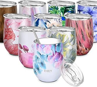 Stainless Steel Insulated Wine Tumbler - THILY Stemless Wine Glass with Lid and Straw, Splash-Proof, Cute Travel Cup for Coffee, Cocktails, Pink Lilies