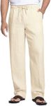 COOFANDY Mens Yoga Pants Summer Linen Beach Pants Lightweight Elastic Waist Dress Linen Pants (Light Khaki, L)