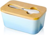 Porcelain Butter Dish with Knife & Wooden Lid, Candiicap Airtight Butter Keeper for Countertop, Large Butter Holder for East West Coast Butter(Sky Blue)