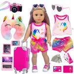 XFEYUE 23 Pcs American 18 inch Doll Clothes and Accessories - Suitcase Luggage , Pillow, Sunglasses, Camera, Passport, Mobile Phone , Computer Doll Travel Gear Play Set Fit 18 inch Doll (No Doll)