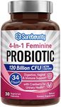 Surebounty 4-in-1 Feminine Probiotic, 120 Billion CFU + 34 Strains, Highest Potency for Women, Prebiotics + Digestive Enzymes + Cranberry, Digestive, Vaginal, Mood, Immune & Overall Support, 30 caps