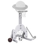 Maxmass Basketball Hoop Set, 3 in 1 Sports Activity Center with Basketball & Soccer Ball, Height Adjustable Basketball Stand for Kids (White)