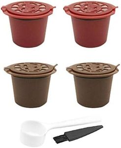 Set of 4 Reusable Refillable Coffee Capsule Cup Filters for Nespresso with Plastic Spoons and Cleaning Brushes