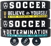 (4-Pack) Soccer Silicone Bracelets with Motivational Sports Quotes - Set of 4 Inspiring Silicone Rubber Wrist Bands - Unisex Soccer Gifts Jewelry Accessories for Men Women