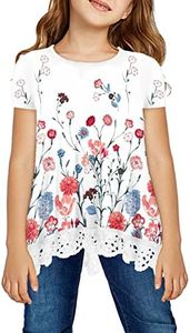 storeofbaby Tops for Girls Kids Casual Floral Dressy Shirts Short Sleeve Lace Trim Tshirts