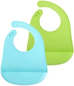 PandaEar 2 Pack Silicone Baby Bibs Super Thin Light Weight for Babies & Toddlers Feeding, Adjustable Silicone Bibs with Food Catcher Pocket, Waterproof, Soft, Unisex, Non Messy (Blue Green)