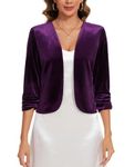 MINTLIMIT Womens Velvet Open Front Cardigans Blazer Day to Night Coat 3/4 Sleeve Front Lined Jackets Cocktails Parties (Purple L)