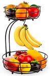 Fuleadture 2-Tier Fruit Basket, with Banana Hanger Stand, Kitchen Countertop Fruit Vegetables Rack Bowl Metal Storage Holder for Storing & Organizing Fruit Vegetables Eggs Breads (Black)