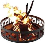 DORTALA 36’’ Metal Fire Pit Ring, Thick Metal Deer Fire Ring with Extra Poker, Outdoor Wood Burning Campfire Ring with Pattern, Heavy Duty Round Bonfire Liner for Camping Beach Backyard