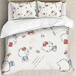 Kawaii Hello Cat Kitty Duvet Cover Queen, Anime Character Kitty Printed Bedding Sets, Comforter Covers Set, Down Alternative Blanket Ultra Soft Kawaii Cute For Girls Kids Teen Women Bedroom Cute Decor